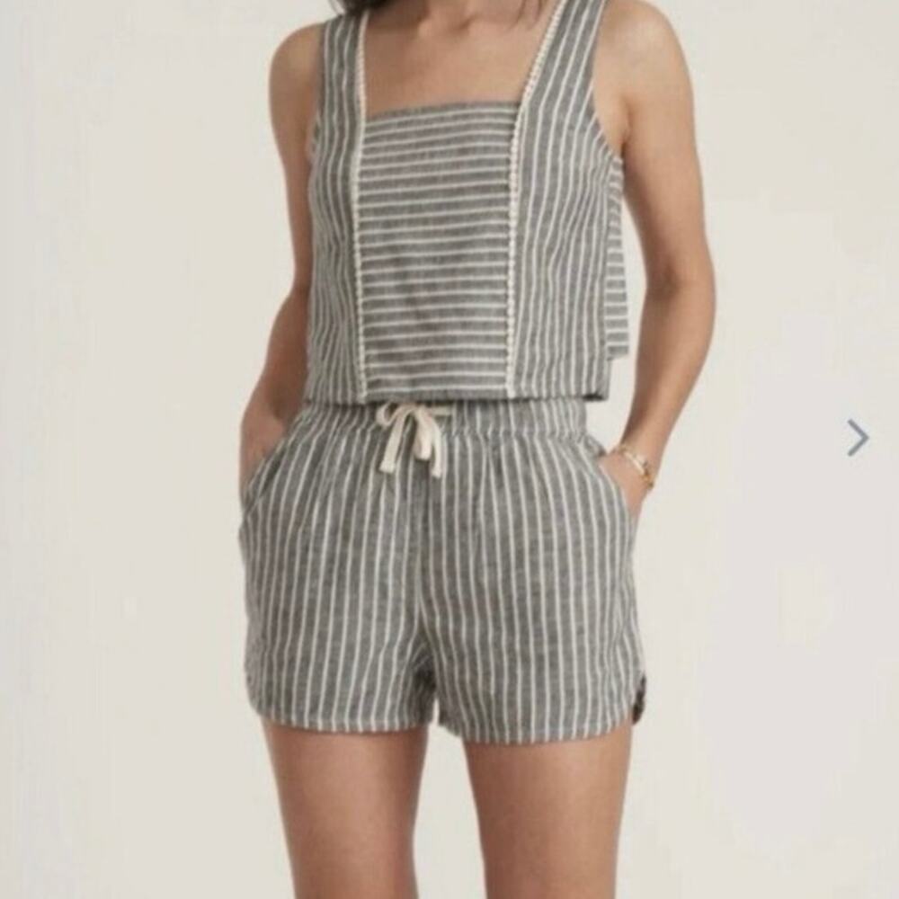 Marine Layer Gray White Striped Hemp Blend Coastal Pull On Shorts, Size Large